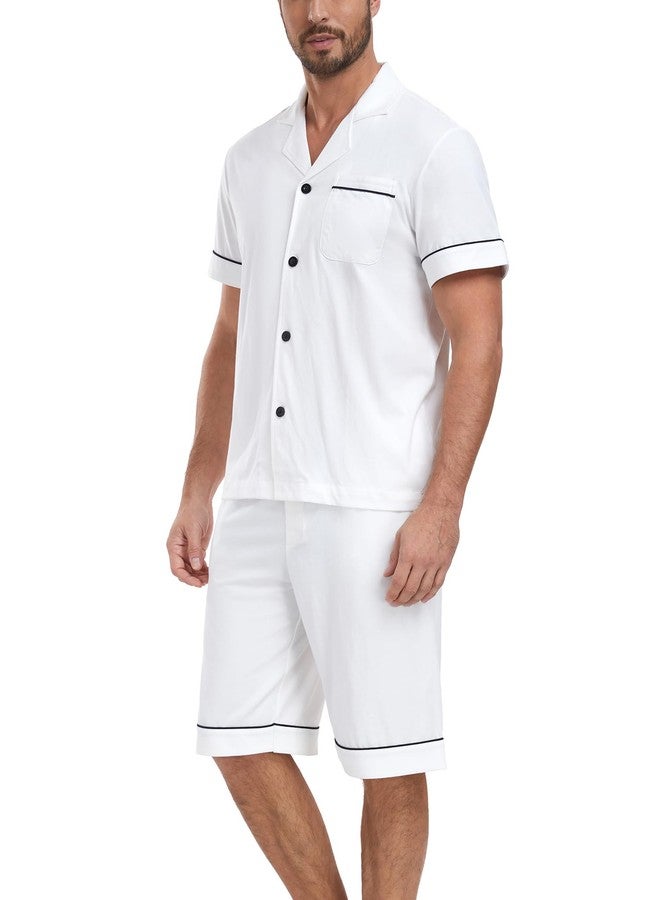 COLORFULLEAF 100% Cotton Mens Pajamas Set Shorts Button Down Sleepwear Short Sleeve Nightwear Summer Pjs with Pockets (White,M) - Image 4